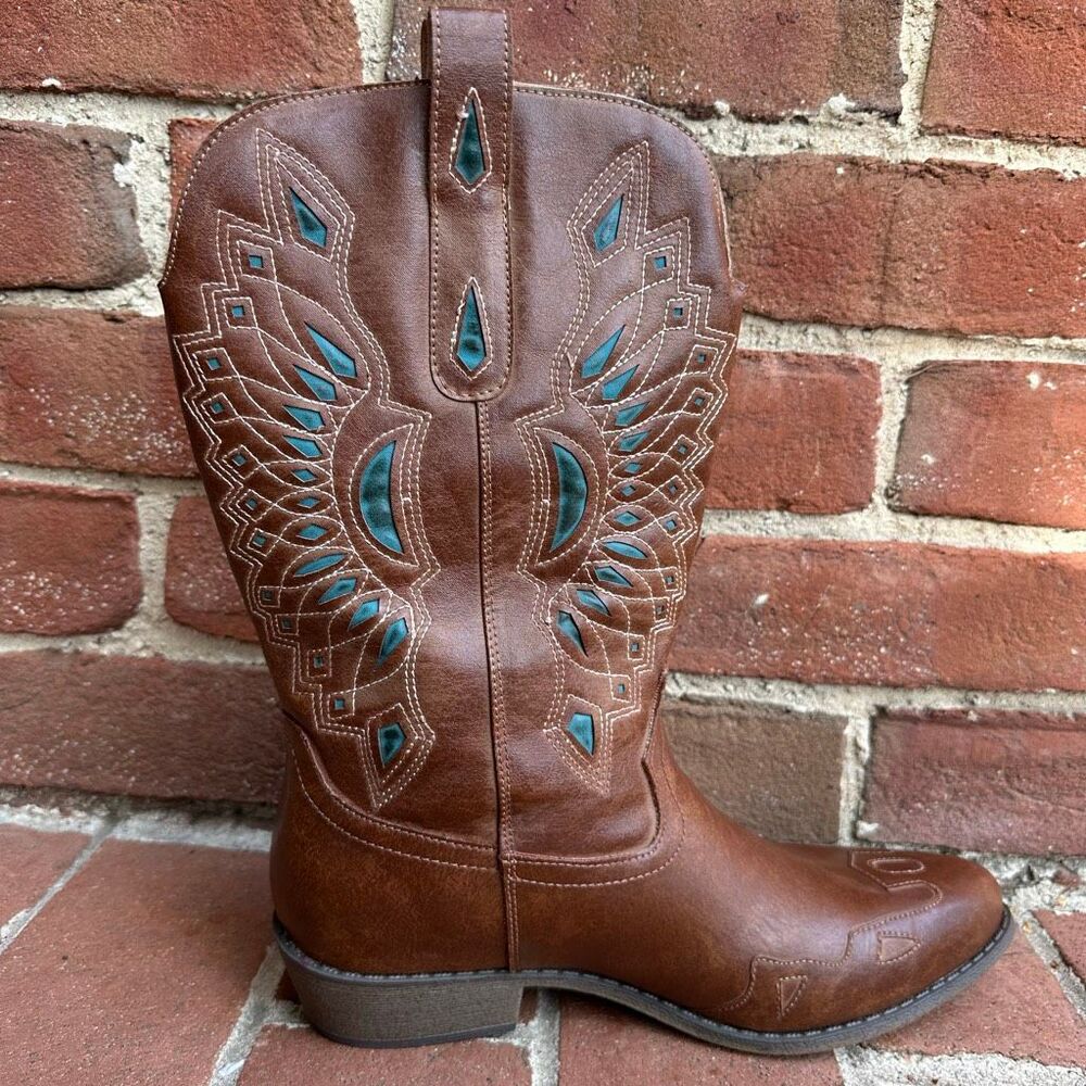 Free People Matisse Willa Western Boots Brown Turquoise Embroidered 7.5 NEW - Picture 15 of 16